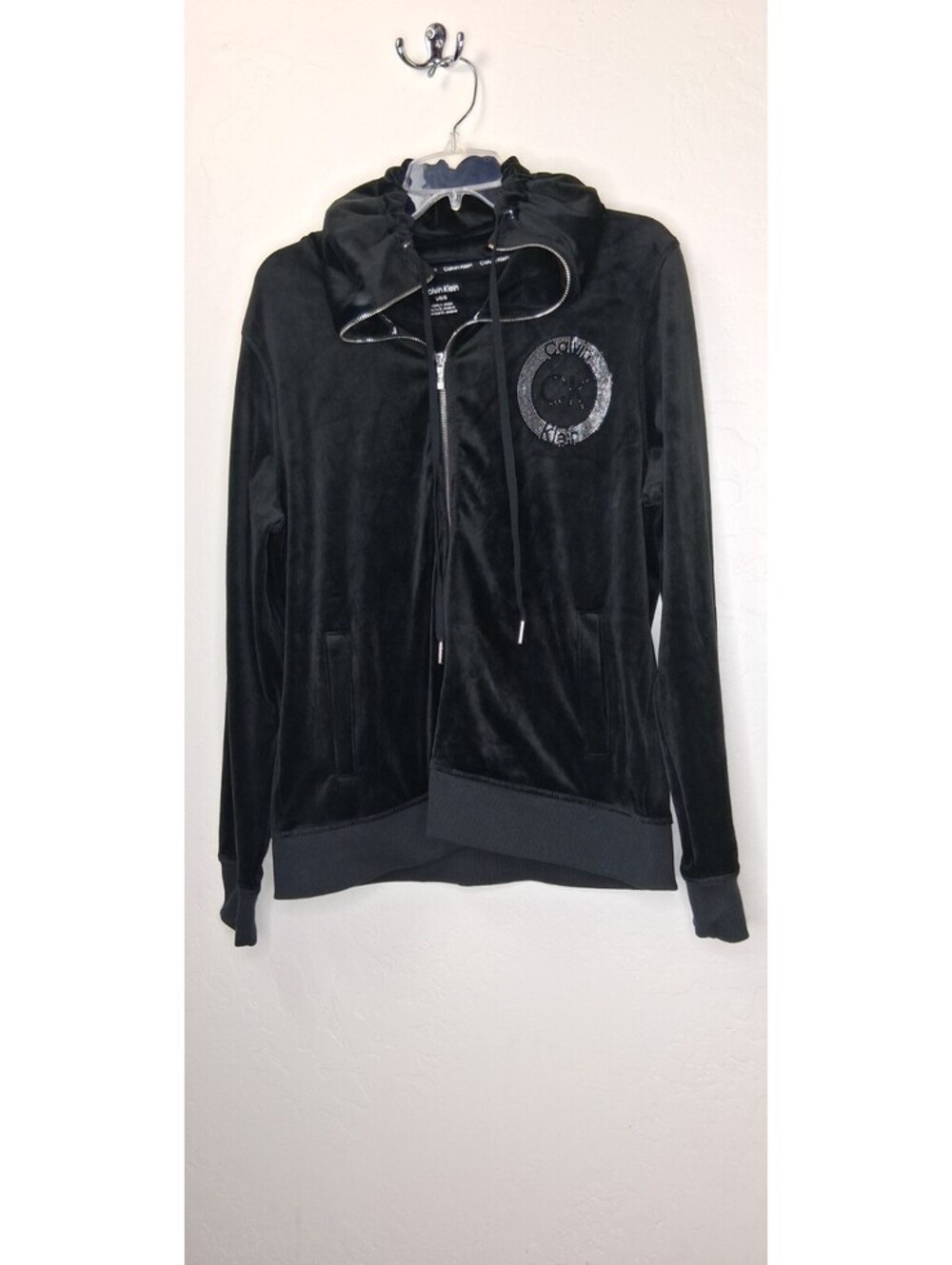Calvin Klein Womens Large Velour Jacket Black Zip Up Rhinestones Long Sleeve